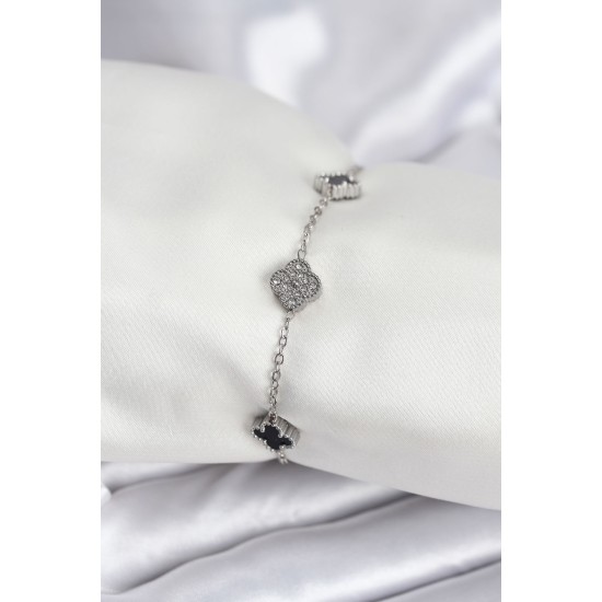 316L Çelik Gümüş Renk Siyah ve Zirkon Taşlı Baby Boy Yonca Kadın Bileklik - TJ-BB7954