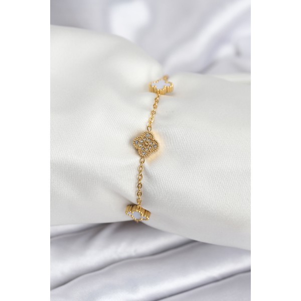 316L Çelik Gold Renk Beyaz ve Zirkon Taşlı Baby Boy Yonca Kadın Bileklik - TJ-BB7955