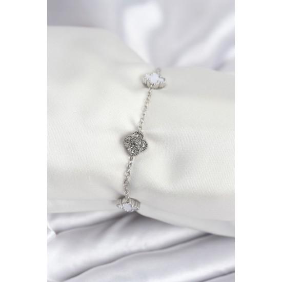 316L Çelik Gümüş Renk Beyaz ve Zirkon Taşlı Baby Boy Yonca Kadın Bileklik - TJ-BB7956