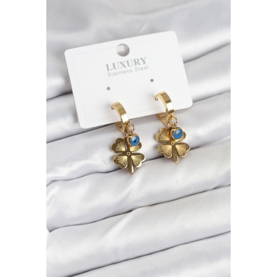 316L Çelik Nazarlı Yonca Model Kadın Küpe - TJ-BKP11230