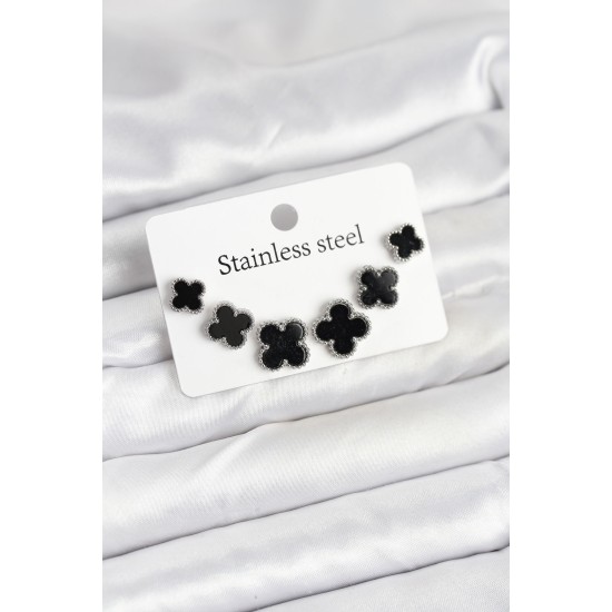 316L Çelik Gümüş Siyah Renk 3 Boy Yonca Küpe Seti - TJ-BKP11234