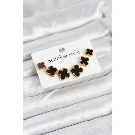 316L Çelik Gold Siyah Renk 3 Boy Yonca Küpe Seti - TJ-BKP11235