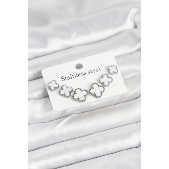 316L Çelik Gümüş Beyaz Renk 3 Boy Yonca Küpe Seti - TJ-BKP11236