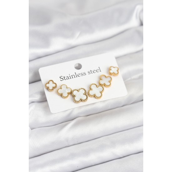 316L Çelik Gold Beyaz Renk 3 Boy Yonca Küpe Seti - TJ-BKP11237
