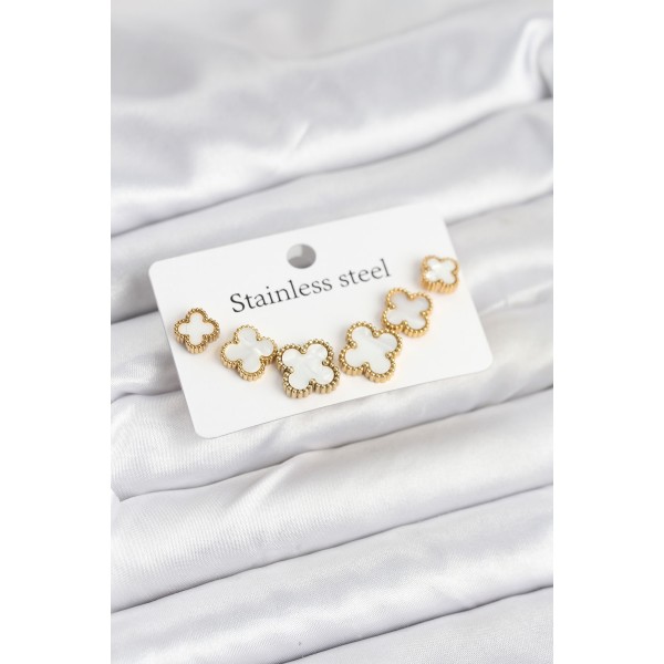 316L Çelik Gold Beyaz Renk 3 Boy Yonca Küpe Seti - TJ-BKP11237