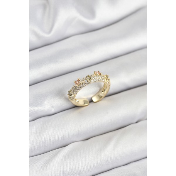 Pirinç Gold Renk Zirkon Taşlı Vintage Kadın Yüzük - TJ-BYK3832