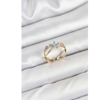 Pirinç Gold Renk Zirkon Taşlı Mavi Çiçekli Kadın Yüzük - TJ-BYK3834