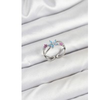 Pirinç Gümüş Renk Zirkon Taşlı Mavi Çiçekli Kadın Yüzük - TJ-BYK3835