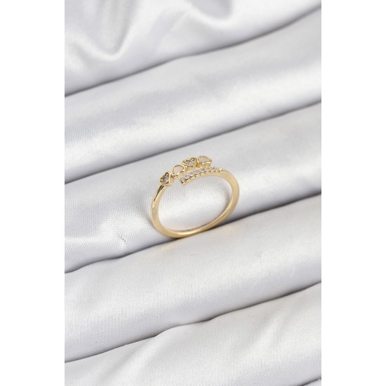 Pirinç Gold Renk Kalpli Detaylı Zirkon Taşlı Kadın Yüzük - TJ-BYK3840