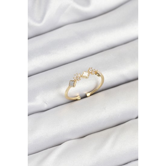 Pirinç Gold Renk Minimal Yonca Detaylı Kadın Yüzük - TJ-BYK3842