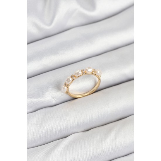Pirinç Gold Renk Sıralı İncili Kadın Yüzük - TJ-BYK3844
