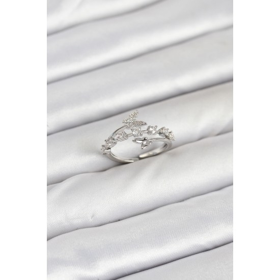 Pirinç Gümüş Renk Zirkon Taşlı Kelebek Model Kadın Yüzük - TJ-BYK3851