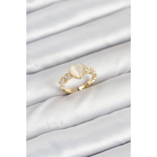 Pirinç Gold Renk Zirkon Taşlı Kalpli Kadın Yüzük - TJ-BYK3856