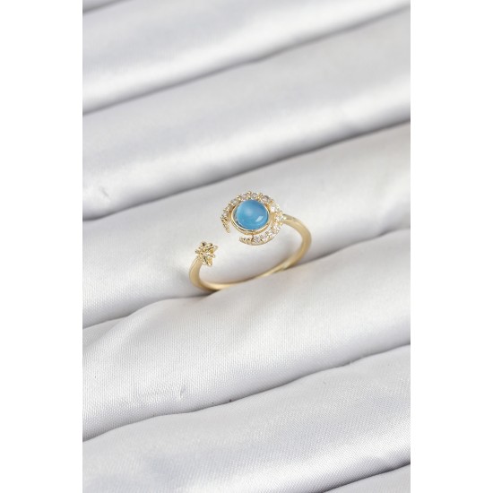 Pirinç Gold Renk Zirkon Taşlı Ay Yıldız Kadın Yüzük - TJ-BYK3860