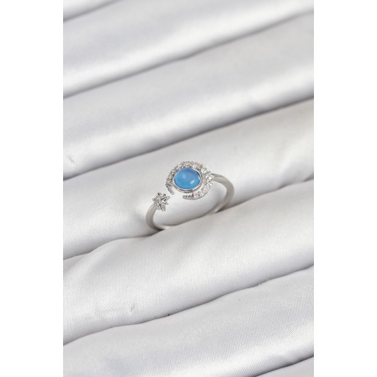 Pirinç Gümüş Renk Zirkon Taşlı Ay Yıldız Kadın Yüzük - TJ-BYK3861