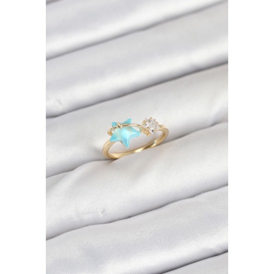 Pirinç Gold Renk Mavi Yıldızlı Model Kadın Yüzük - TJ-BYK3868