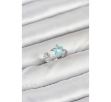 Pirinç Gümüş Renk Mavi Yıldızlı Model Kadın Yüzük - TJ-BYK3869