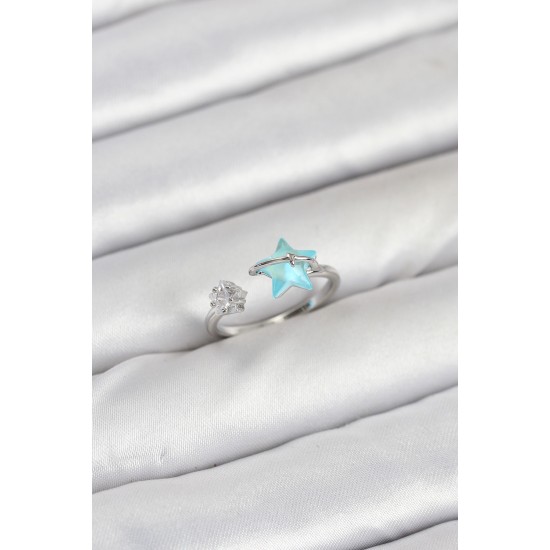 Pirinç Gümüş Renk Mavi Yıldızlı Model Kadın Yüzük - TJ-BYK3869