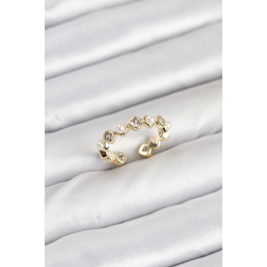 Pirinç Gold Renk Zirkon Taşlı İncili Kadın Yüzük - TJ-BYK3876