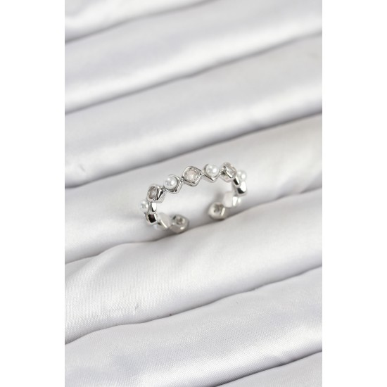 Pirinç Gümüş Renk Zirkon Taşlı İncili Kadın Yüzük - TJ-BYK3877