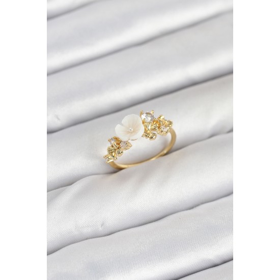Pirinç Gold Renk Çiçek Model Zirkon Taşlı Kadın Yüzük - TJ-BYK3878