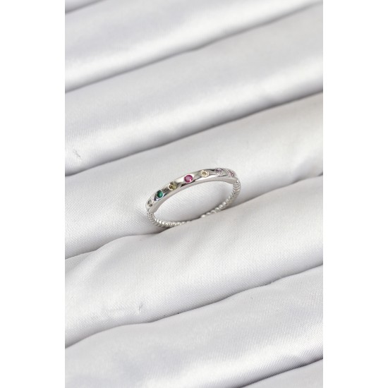 Pirinç Gümüş Renk Renkli Zirkon Taşlı Kadın Yüzük - TJ-BYK3885