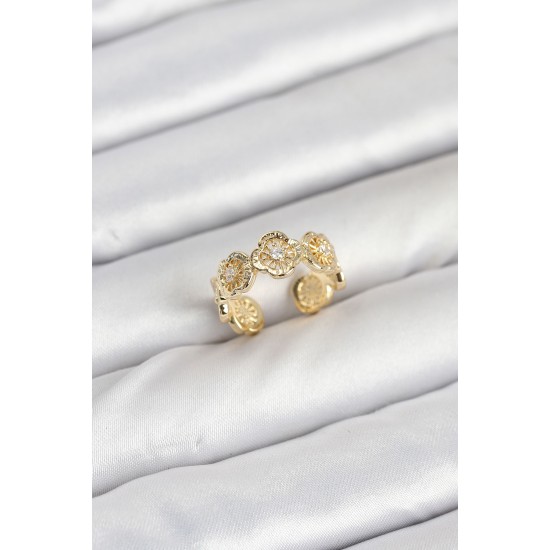 Pirinç Gold Renk Yonca Model Kadın Yüzük - TJ-BYK3894