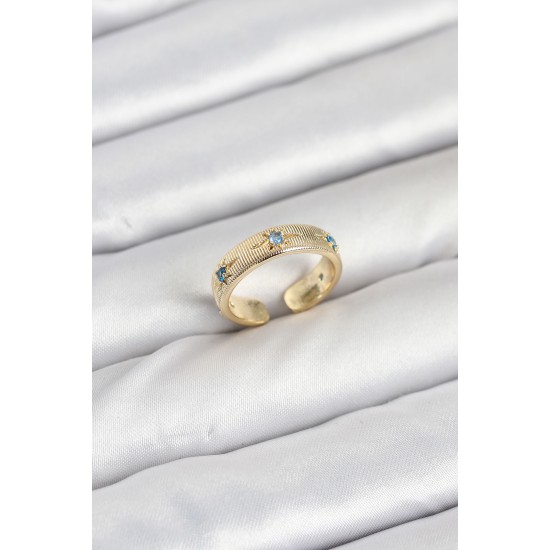 Pirinç Gold Renk Mavi Zirkon Taşlı Kutup Yıldızı Model Kadın Yüzük - TJ-BYK3896