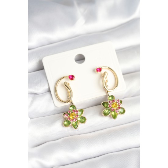 Pirinç Gold Renk Zirkon Taşlı Çiçek Model Kadın Küpe - TJ-BKP11249