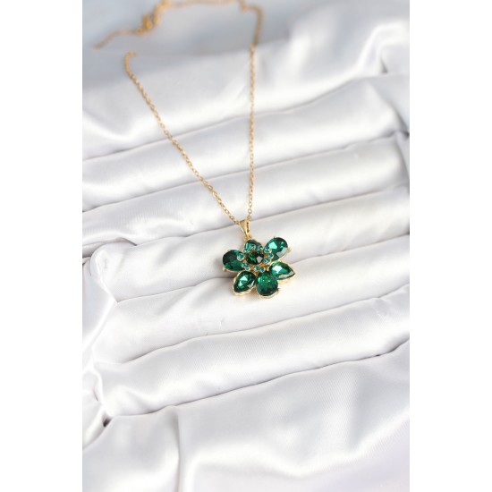 316L Çelik Zincirli Yeşil Çiçek Model Kadın Kolye - TJ-BKO10596
