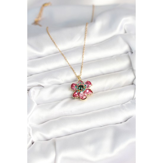 316L Çelik Zincirli Pembe Çiçek Model Kadın Kolye - TJ-BKO10597