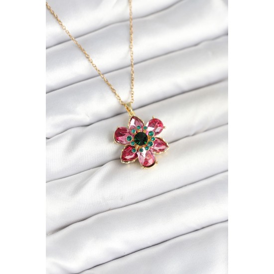 316L Çelik Zincirli Pembe Çiçek Model Kadın Kolye - TJ-BKO10597