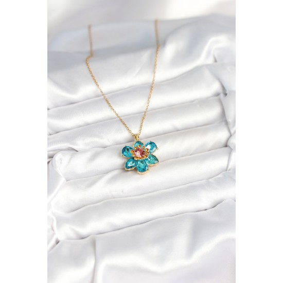 316L Çelik Zincirli Mavi Çiçek Model Kadın Kolye - TJ-BKO10598
