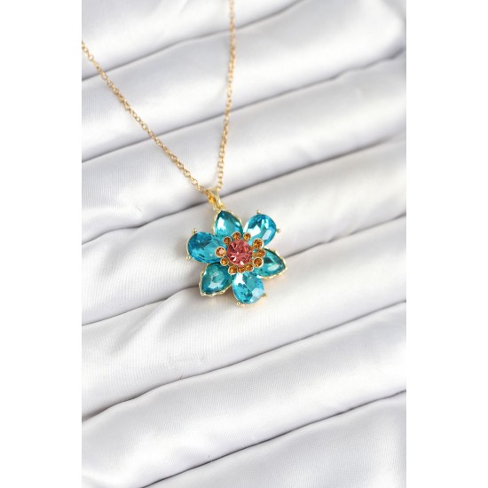 316L Çelik Zincirli Mavi Çiçek Model Kadın Kolye - TJ-BKO10598