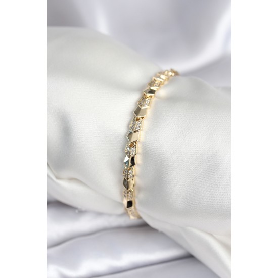 Pirinç Gold Renk Zirkon Taşlı Balık Sırtı Model Kadın Bileklik - TJ-BB7963