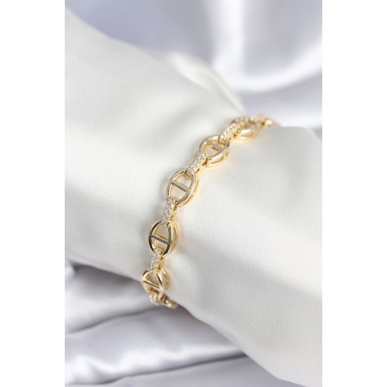 Pirinç Gold Renk Parçalı Zincir Model Kadın Bileklik - TJ-BB7966