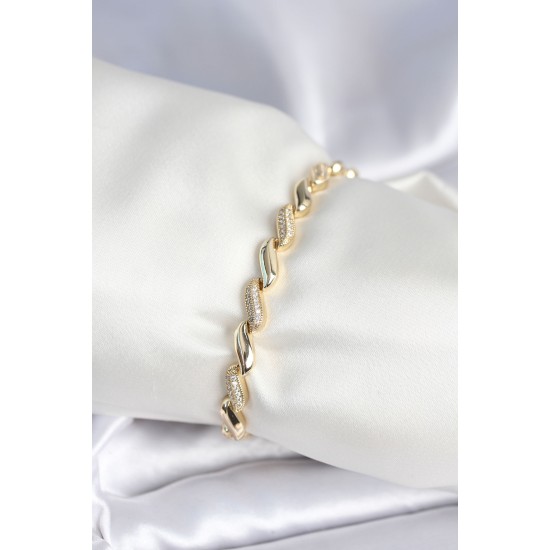 Pirinç Gold Renk Zirkon Taşlı Sarmal Model Kadın Bileklik - TJ-BB7970