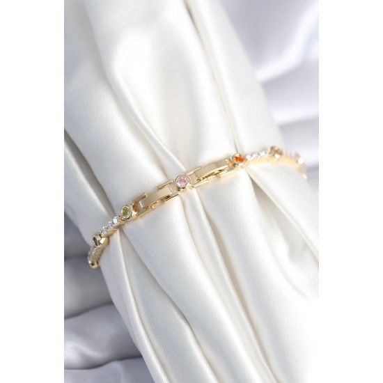 Pirinç Gold Renk Zirkon Taşlı Kadın Bileklik - TJ-BB7971