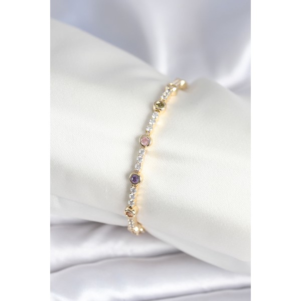 Pirinç Gold Renk Zirkon Taşlı Kadın Bileklik - TJ-BB7971