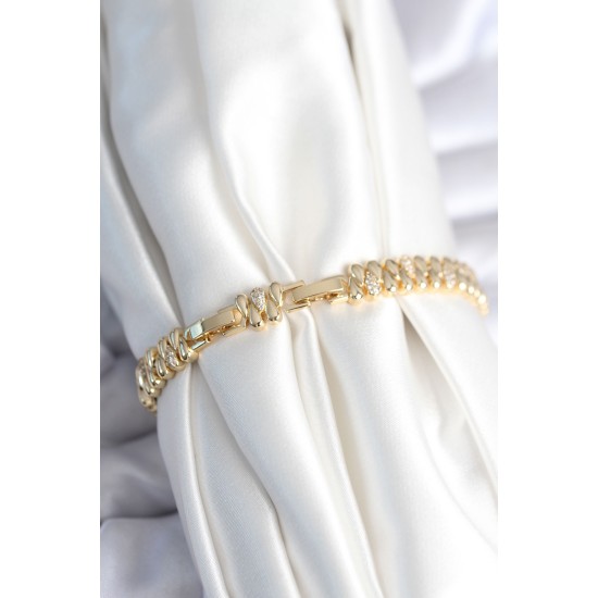 Pirinç Gold Renk Damla Model Zirkon Taşlı Kadın Bileklik - TJ-BB7972