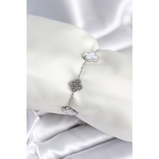 316L Çelik Zincir Gümüş Renk Zirkon Taşlı Yonca Beyaz Kadın Bileklik - TJ-BB7978