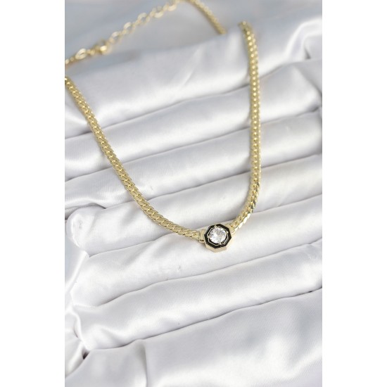 Pirinç Gold Renk Zirkon Taşlı Kadın Kolye - TJ-BKO10601