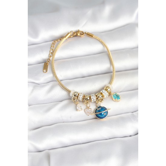 Pirinç Gold Renk Dünya Charmlı Kadın Bileklik - TJ-BB7987