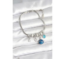 Pirinç Gümüş Renk Dünya Charmlı Kadın Bileklik - TJ-BB7988