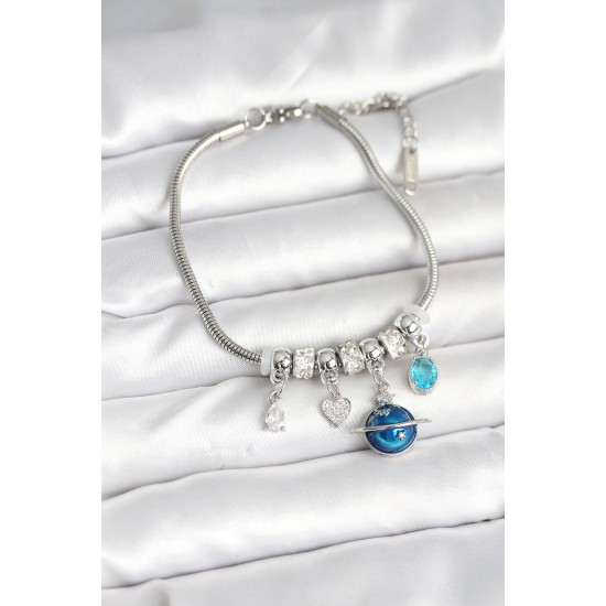 Pirinç Gümüş Renk Dünya Charmlı Kadın Bileklik - TJ-BB7988