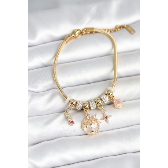 Pirinç Gold Renk Yaşam Ağacı Charmlı Kadın Bileklik - TJ-BB7989