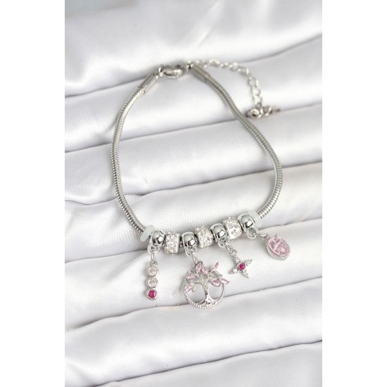 Pirinç Gümüş Renk Yaşam Ağacı Charmlı Kadın Bileklik - TJ-BB7990