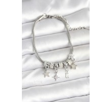 Pirinç Gümüş Renk Kutup Yıldızı Charmlı Kadın Bileklik - TJ-BB7992