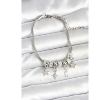 Pirinç Gümüş Renk Kutup Yıldızı Charmlı Kadın Bileklik - TJ-BB7992
