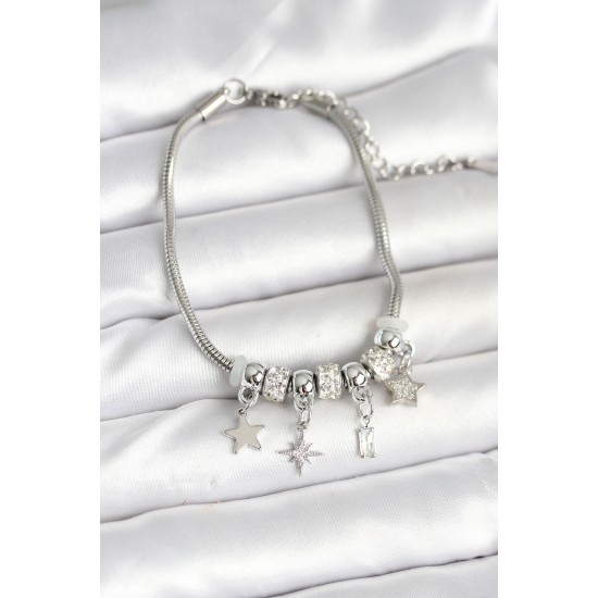 Pirinç Gümüş Renk Kutup Yıldızı Charmlı Kadın Bileklik - TJ-BB7992